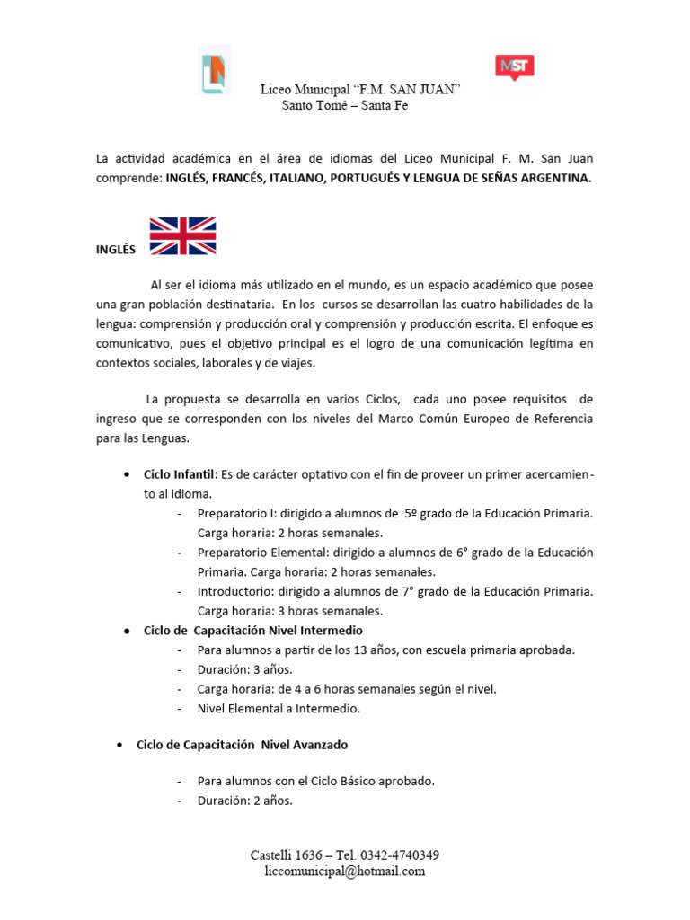 Cursos de Idiomas en Liceo San Juan | PDF | Educación primaria ...
