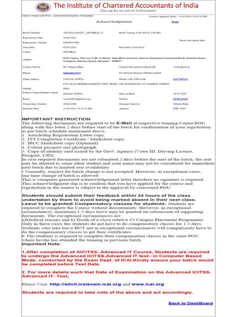 AICITSS Advanced IT Course Registration | PDF | Identity Document