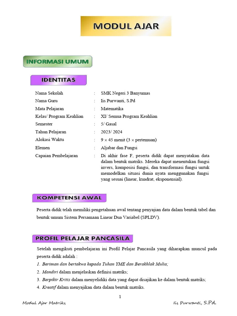 Modul Ajar Matematika - Matriks - Fase F | PDF