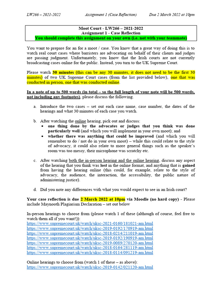 Moot Court - LW266 - Assignment 1 (2022) | PDF | Justice | Crime & Violence