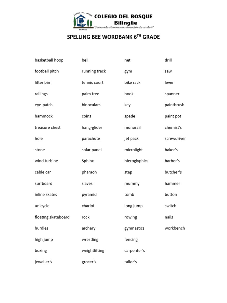 6th Grade Spelling Bee Wordbank | PDF