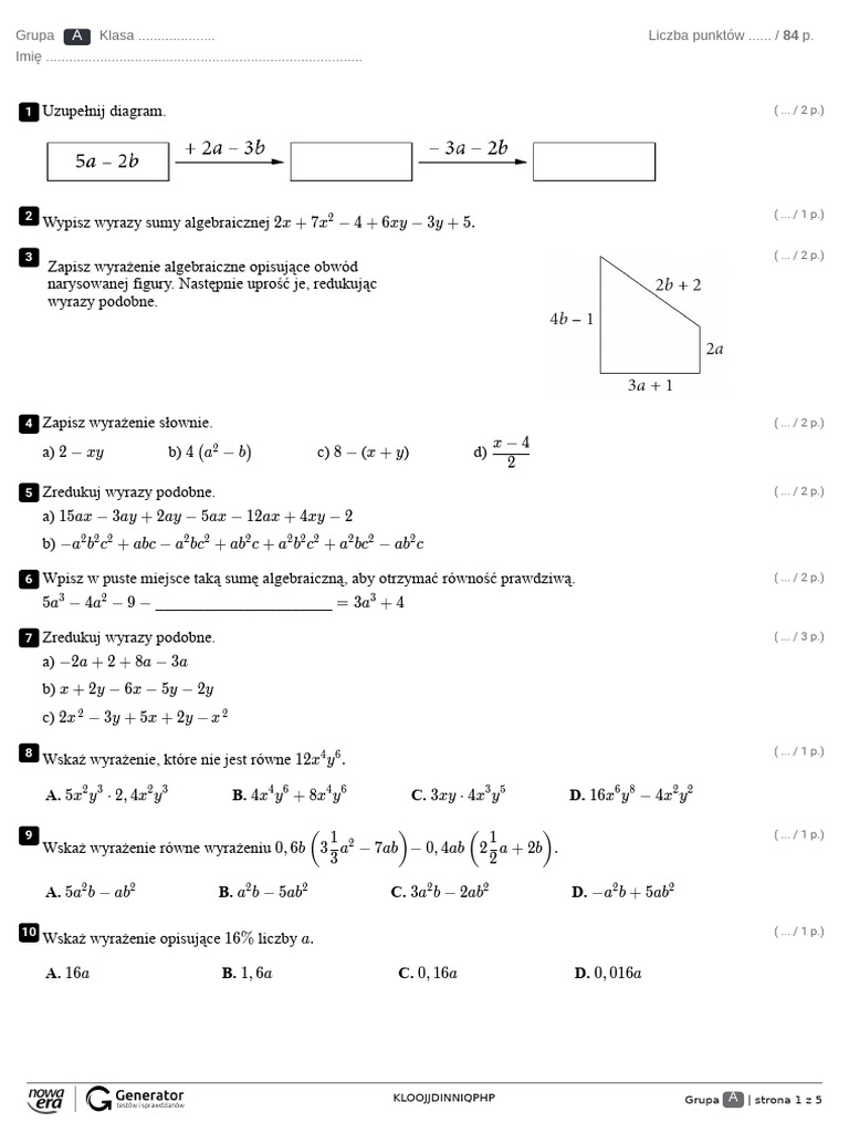Wyrażenia Algebraiczne Klasa 7 Sprawdzian Wyrażenia Algebraiczne Powtórzenie. Test (Z Widoczną Punktacją) | PDF