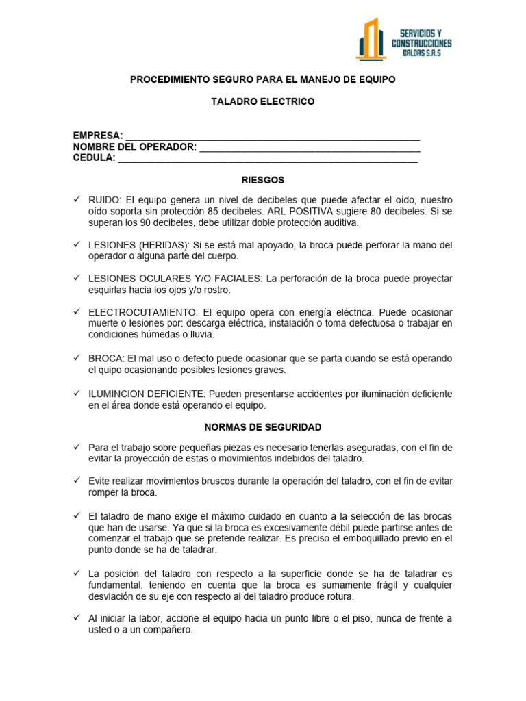 Seguridad en el Manejo de Taladros Eléctricos | PDF | Perforar