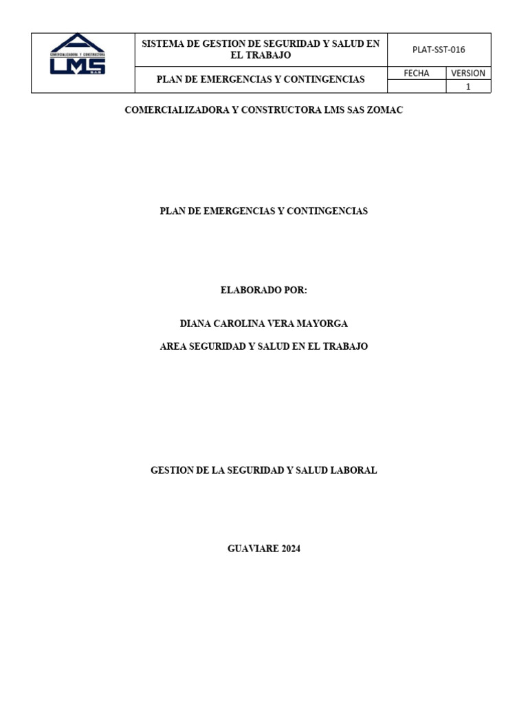 Plan de Emergencias y Contingencias SST | PDF | Seguridad y salud ...