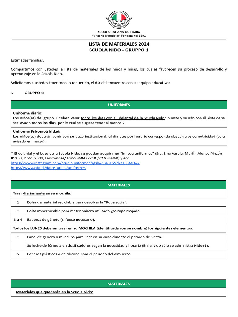Lista de Materiales 2024 para Scuola Nido | PDF