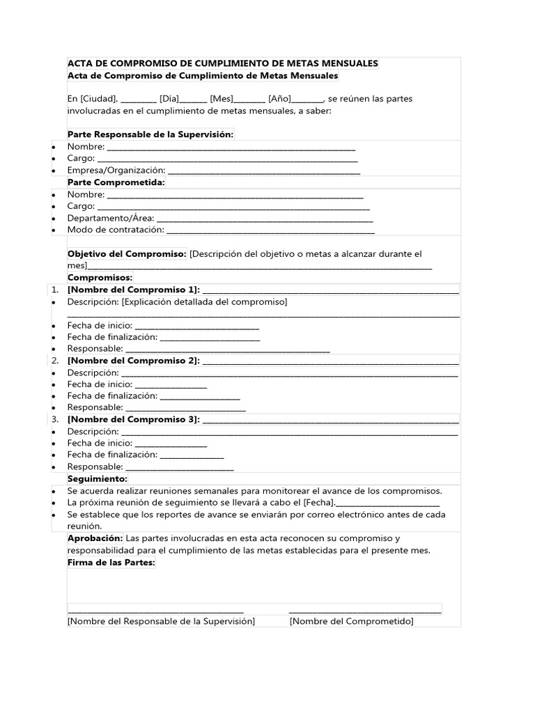 Acta de Compromiso de Metas Mensuales | PDF | Negocios | Finanzas y dinero