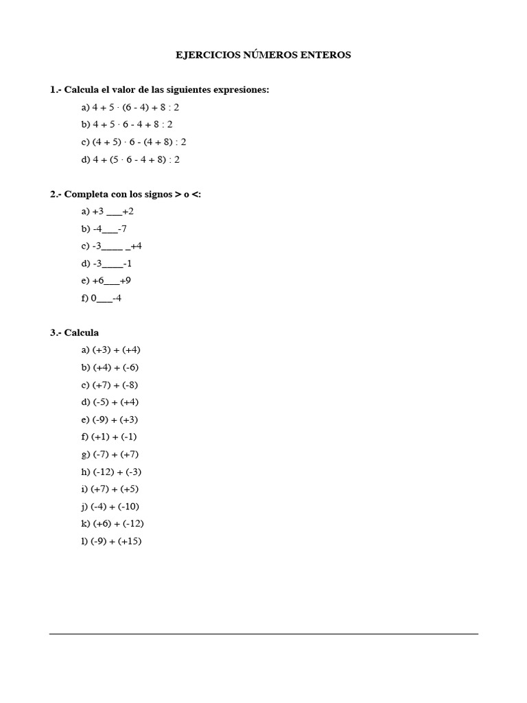 Ejercicios de Números Enteros y Operaciones | PDF | Matemáticas ...