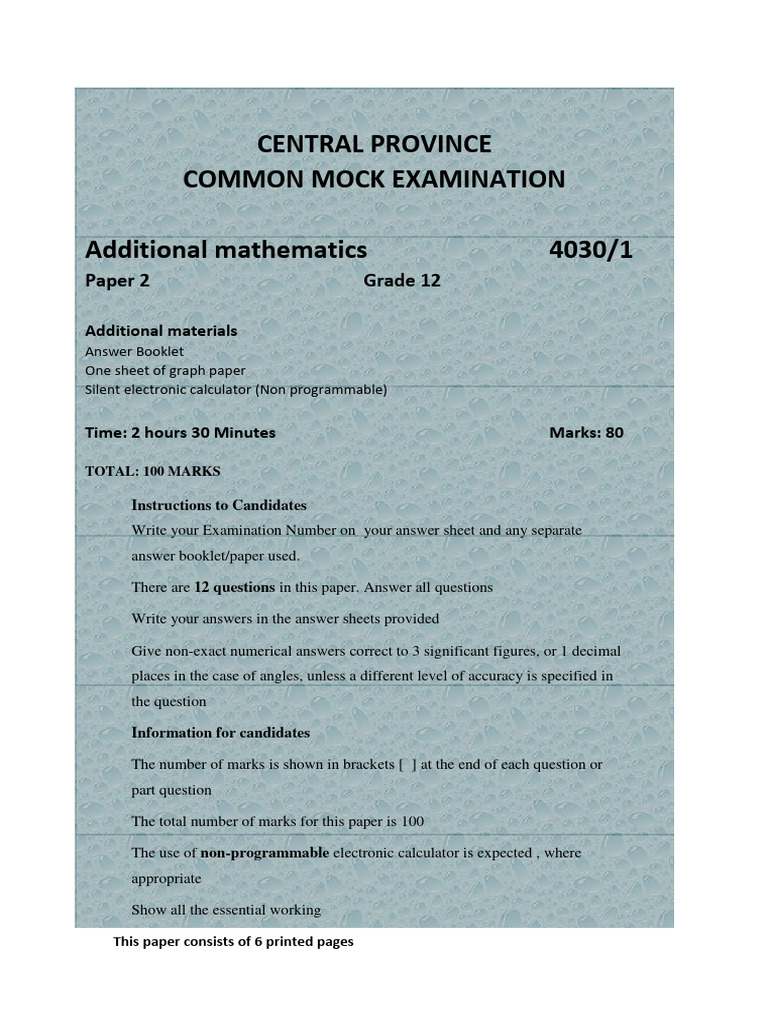 Grade 12 Additional Mathematics Paper 2 | PDF | Mathematics