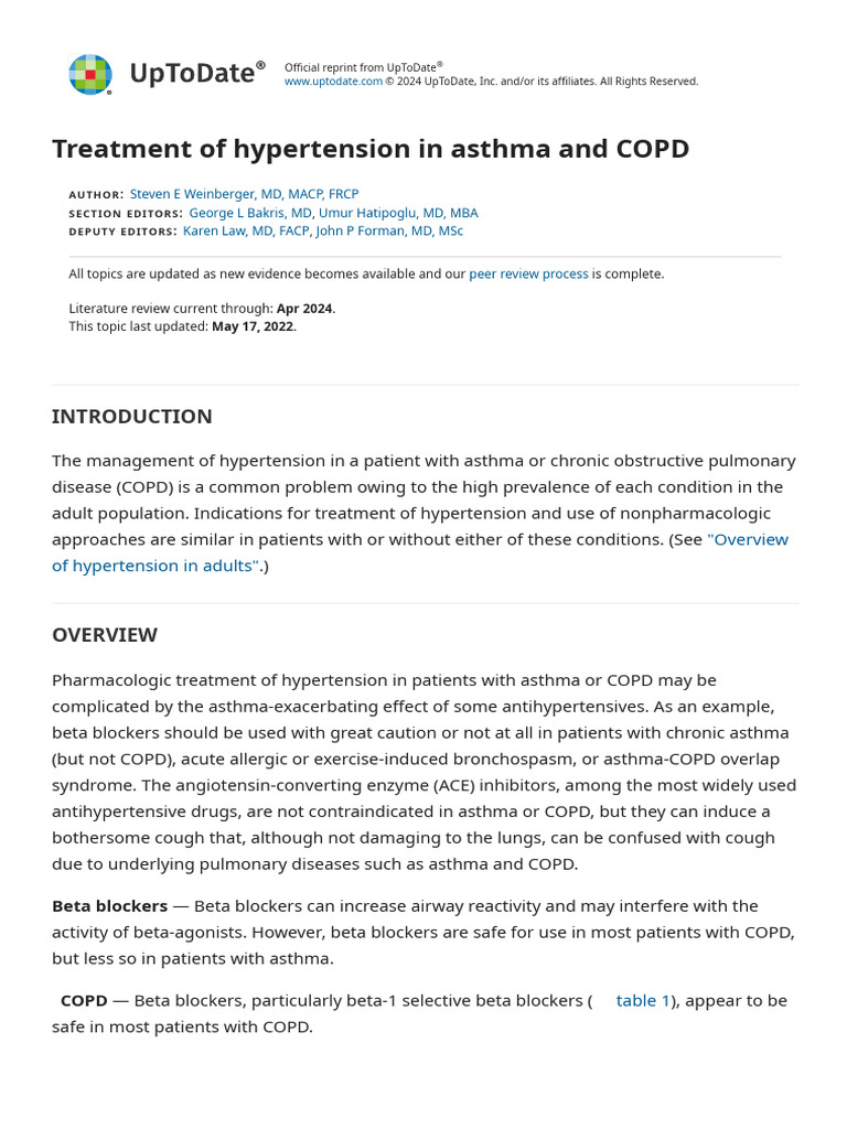 Treatment of Hypertension in Asthma and COPD UpToDate PDF Asthma