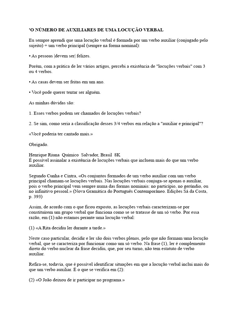 Locuções Verbais: Auxiliares e Classificação | PDF | Famílias ...