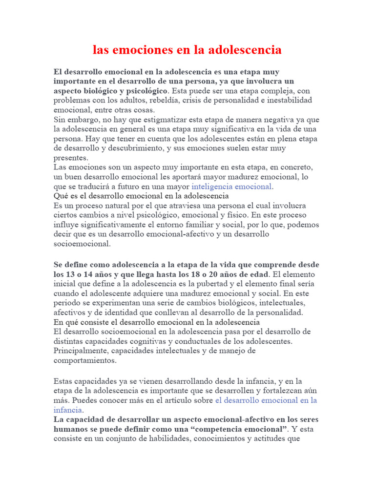 Desarrollo Emocional Adolescente | PDF | Las emociones | Adolescencia