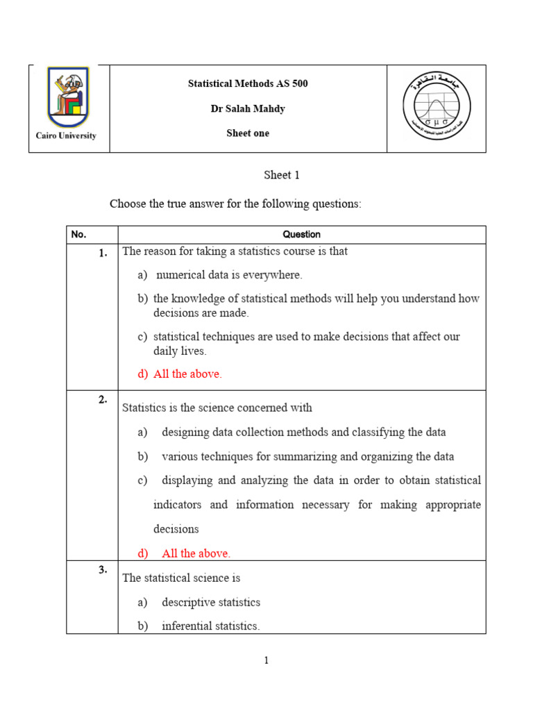 Statistical Methods Quiz Questions | PDF | Statistics | Level Of ...