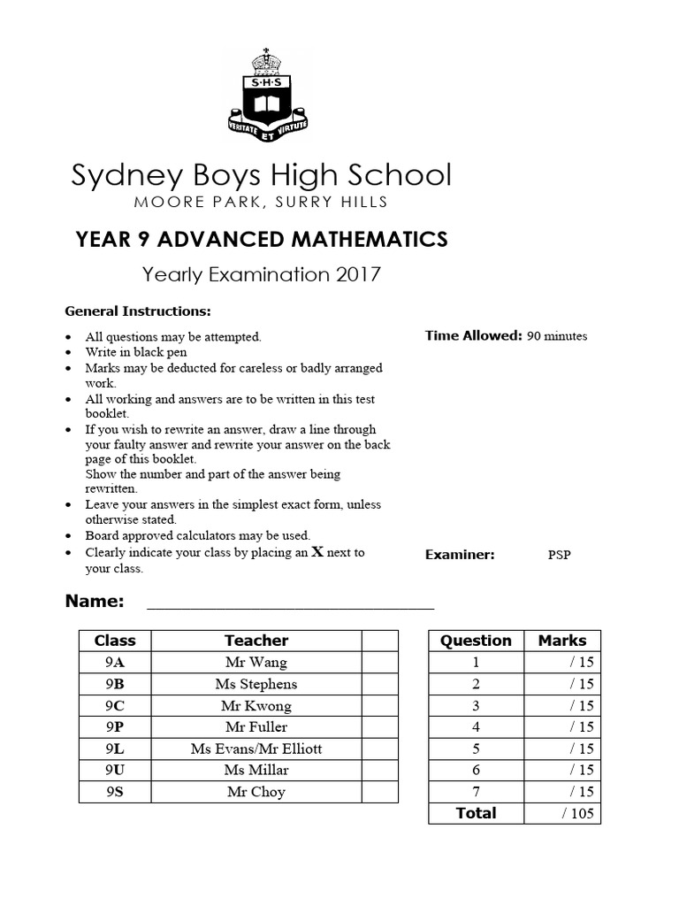 Year 9 Advanced Mathematics Exam 2017 | PDF | Area | Equations