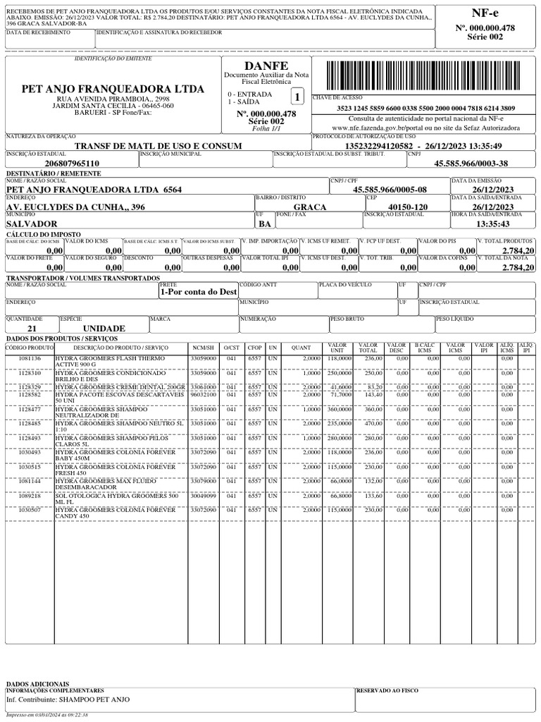 Nota Fiscal Eletrônica - Pet Anjo LTDA | PDF | Recibo | Documentos ...