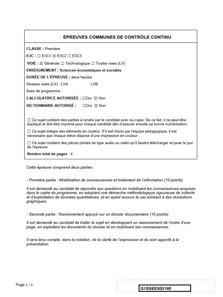 Épreuves E3C en SES pour Première | PDF