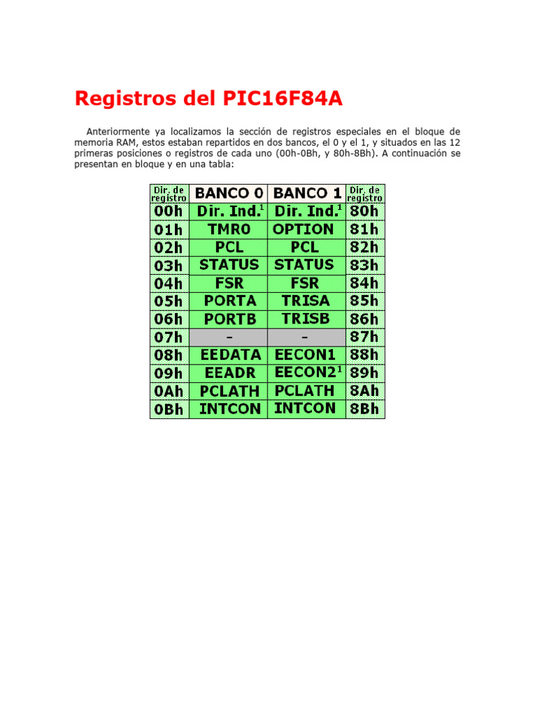 Registros Especiales del PIC16F84A | PDF | Microcontrolador ...
