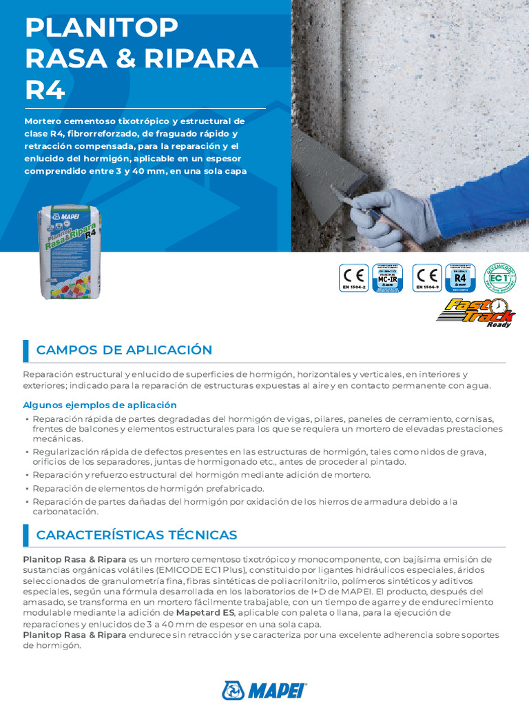 Mortero Planitop Rasa & Ripara R4 | PDF | Hormigón | Mortero (Albañilería)