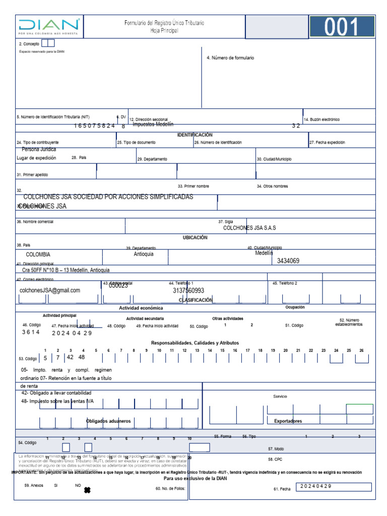 Registro Tributario Colchones JSA S.A.S | PDF | Documento de identidad ...