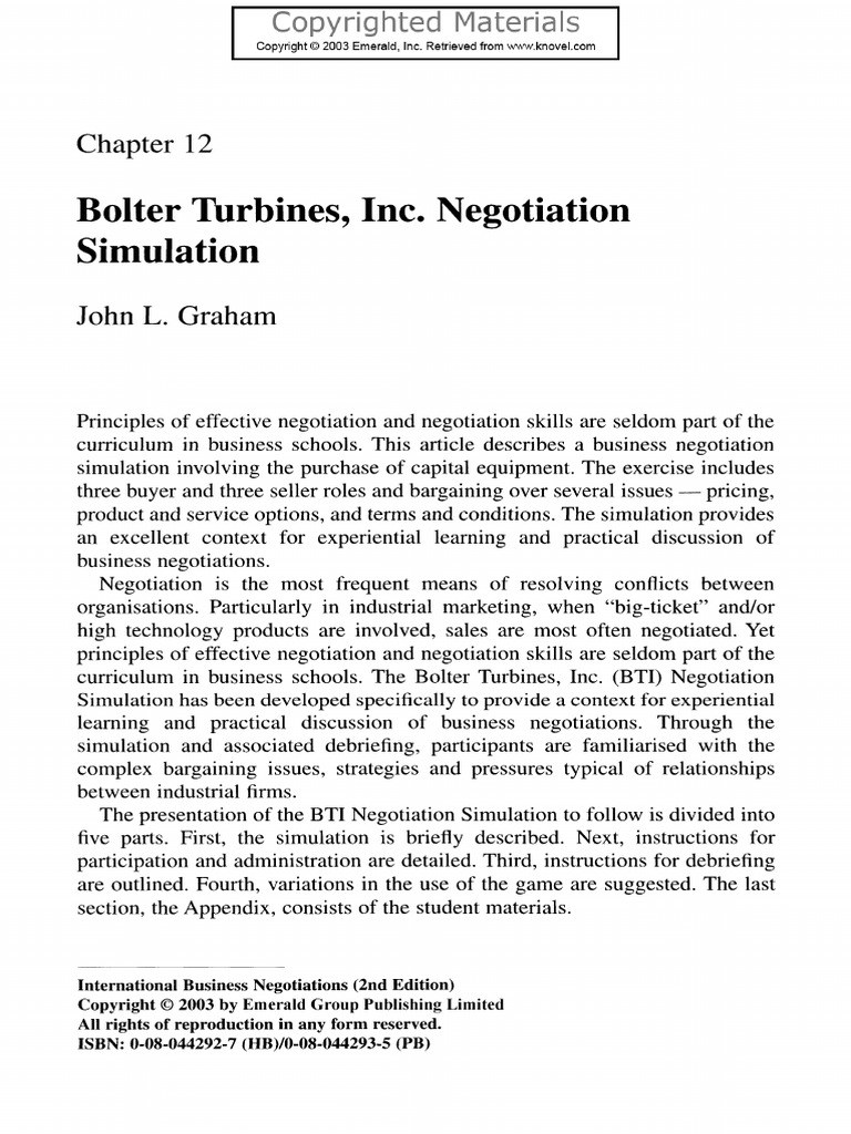 Bolter Turbines Inc Negotiation | PDF | Negotiation | Bargaining