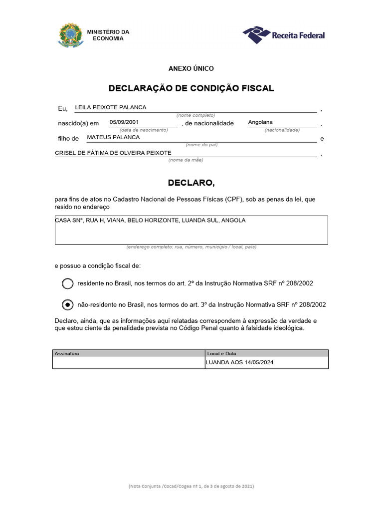 CPF Condicao Fiscal | PDF