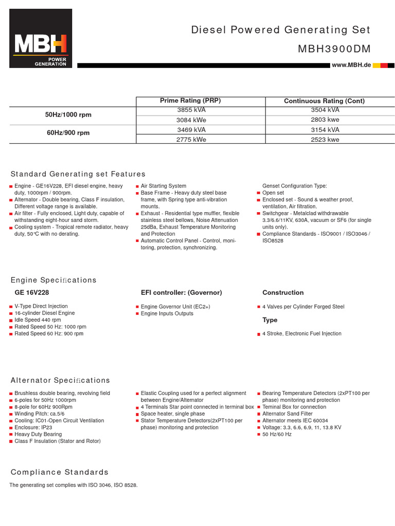 Diesel Generator Set Specifications | PDF | Diesel Engine | Engines