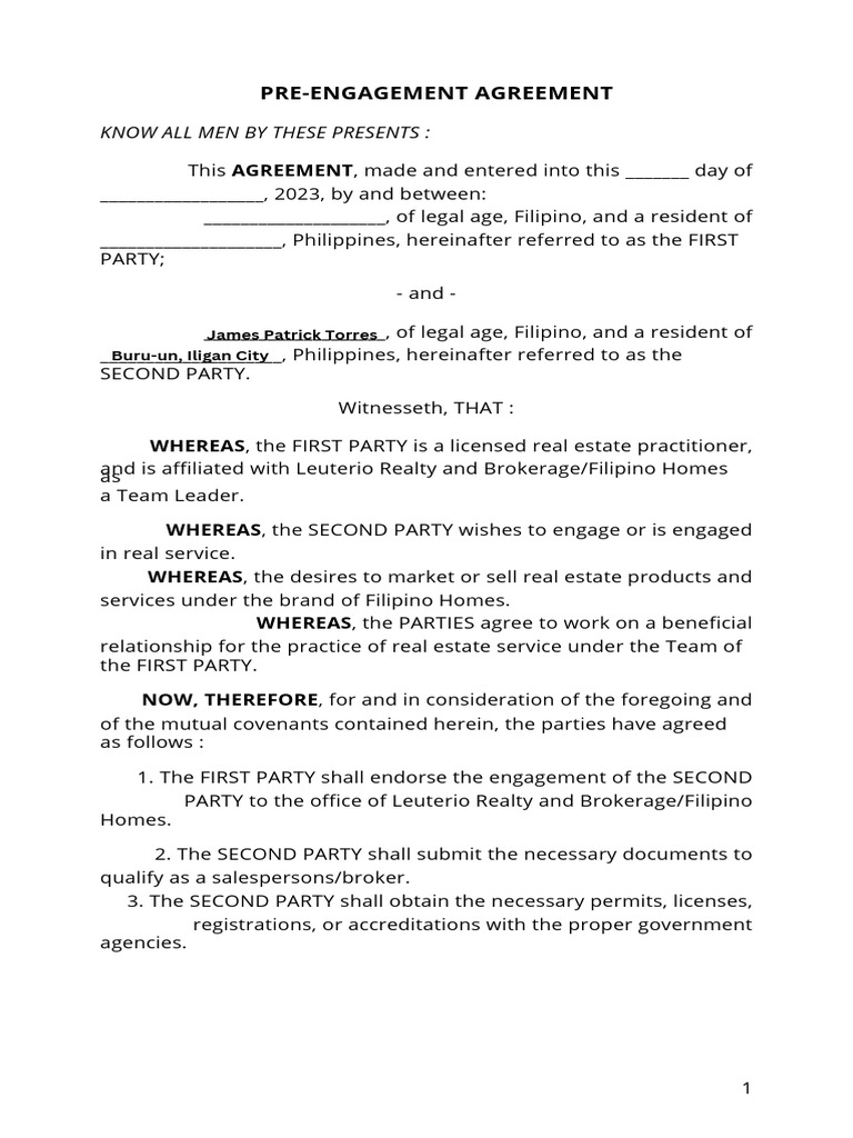 Real Estate Pre-Engagement Agreement | PDF | Business Law | Civil Law ...