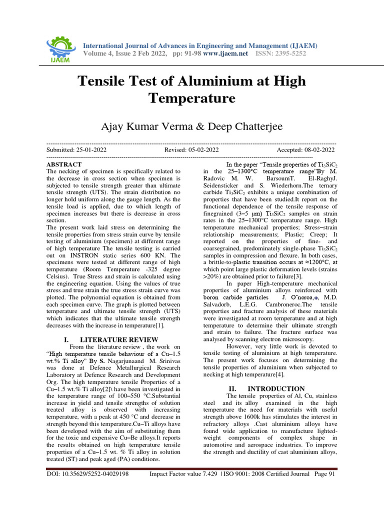 Tensile Test Of Aluminium At High Temperature Pdf Deformation