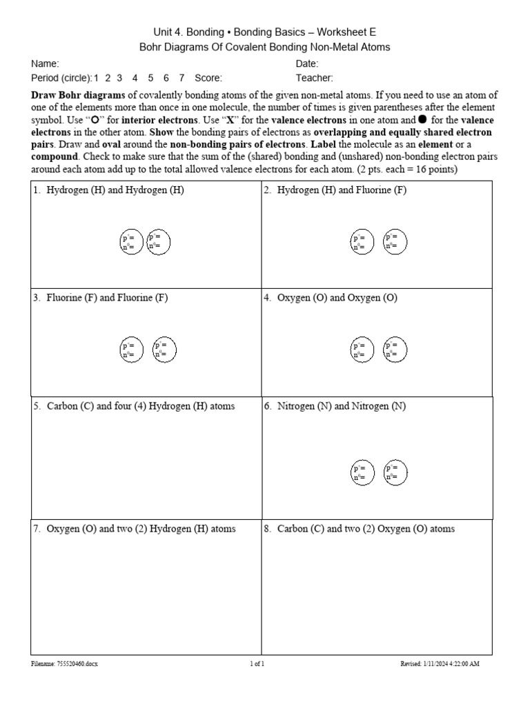 Bonding Basics Worksheet E Covalent Bonding PDF