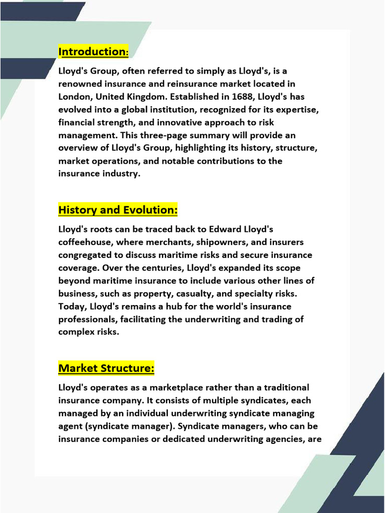 Overview of Lloyd's Insurance Market | PDF | Insurance | Underwriting