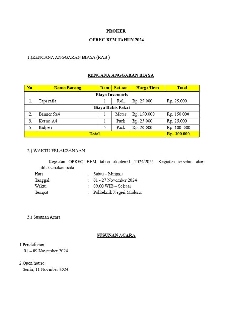 Proker OPREC BEM 2024: RAB dan Jadwal | PDF