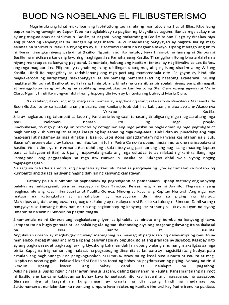 Buod NG Nobelang El Filibusterismo | PDF
