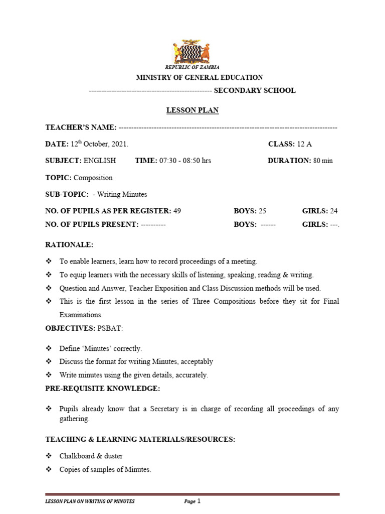 Lesson Plan: Writing Meeting Minutes | PDF | Lesson Plan | Learning