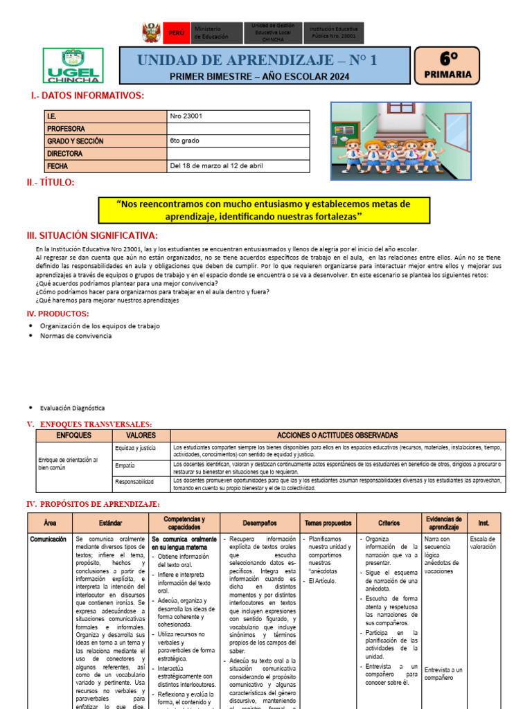 1RA UNIDAD-6TO GRADO 2024 Hanni | PDF | Números | Decimal