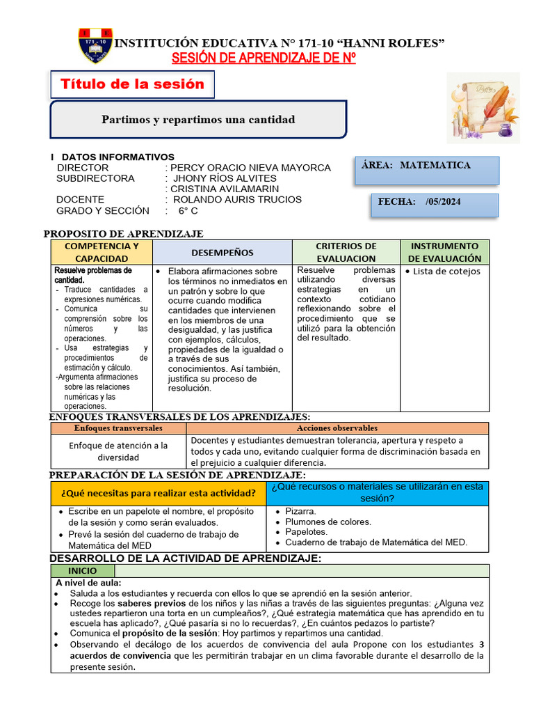 Sesión de Matemáticas 6to Grado 2024 | PDF | Evaluación | Aprendizaje