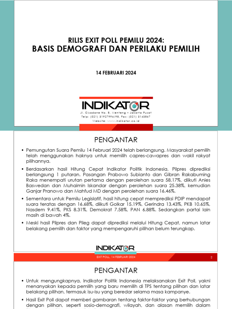 Rilis Exit Poll Pilpres 2024 Indikator | PDF