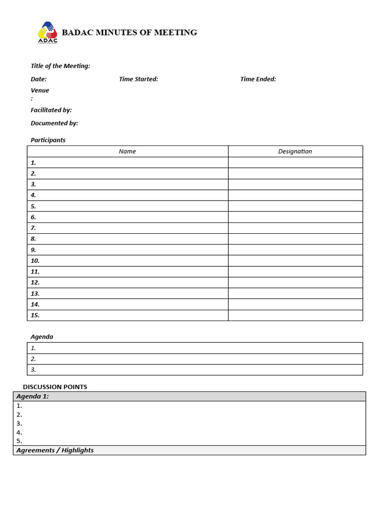 Badac form minutes of meeting pdf