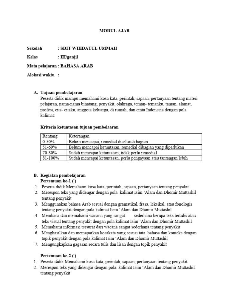 Modul Ajar Bahasa Arab Kelas III | PDF | Seni & Disiplin Bahasa