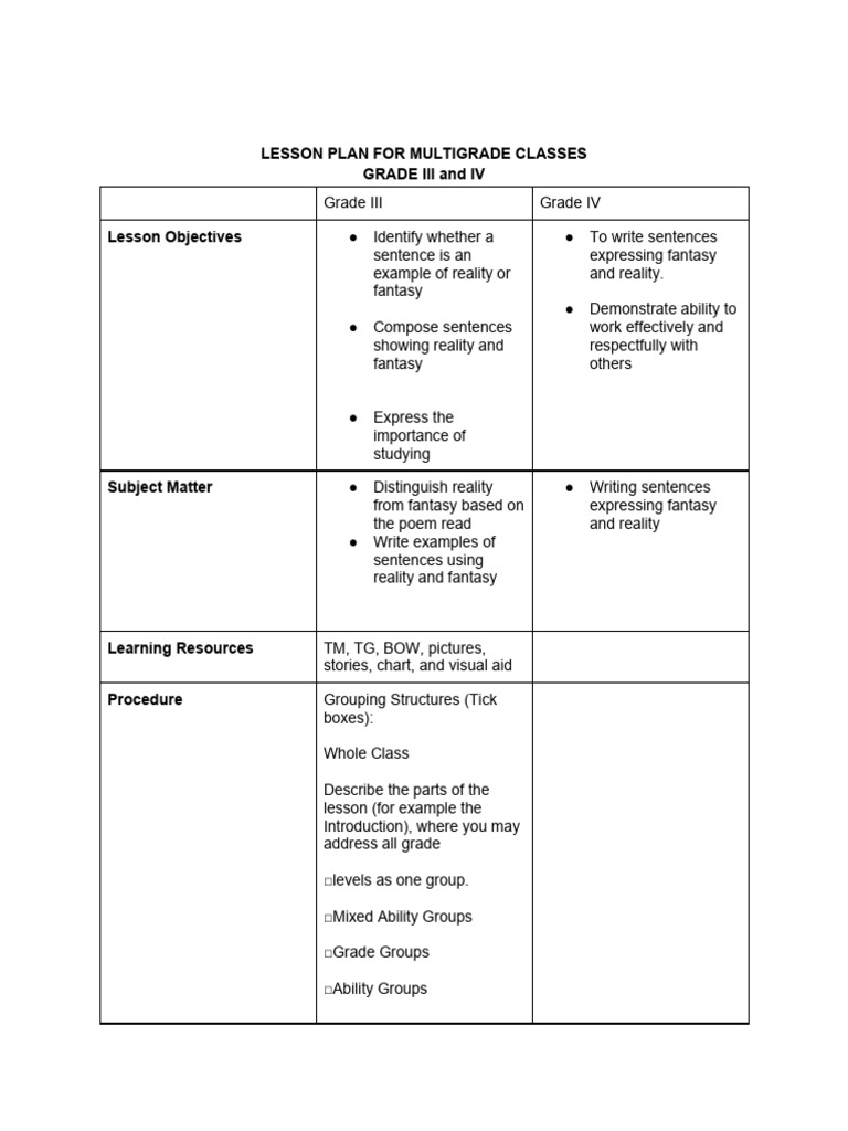 Lesson Plan For Multigrade Classes PDF Lesson Plan Learning