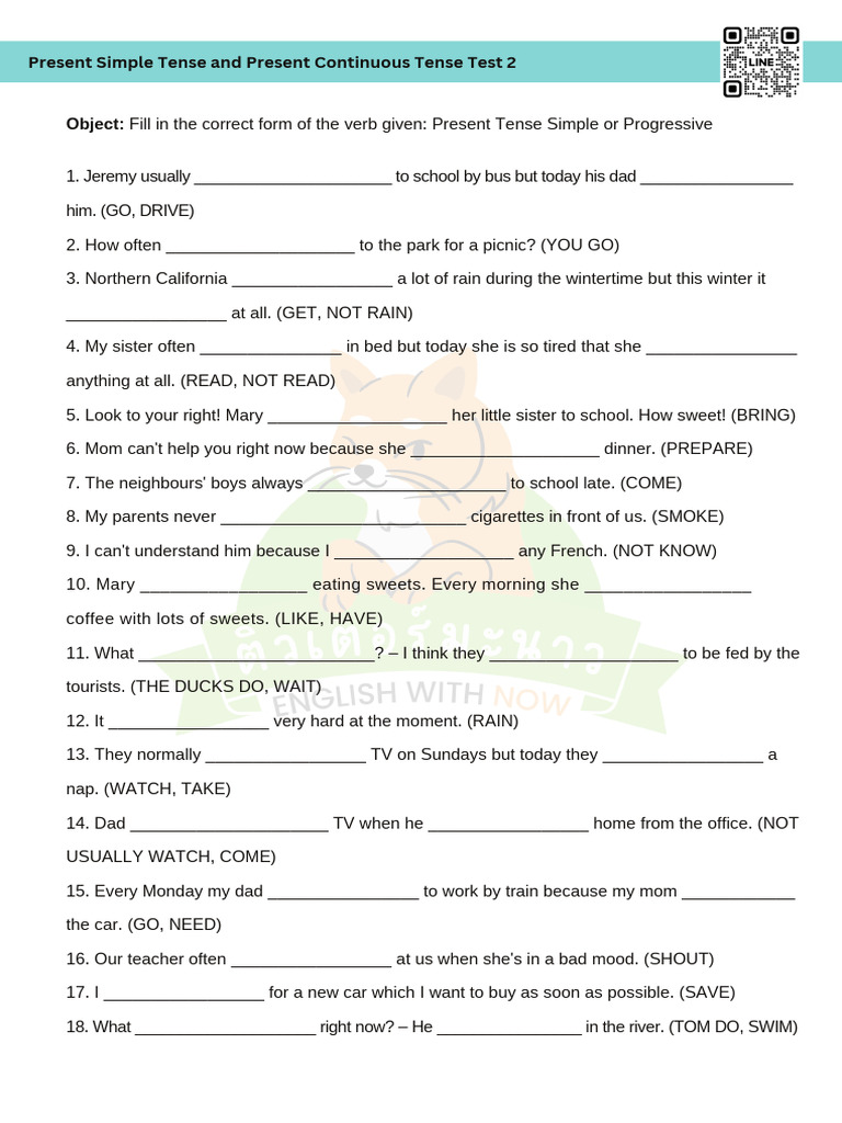 Present Simple Tense and Present Continuous Tense Test 2 พร้อมเฉลย | PDF
