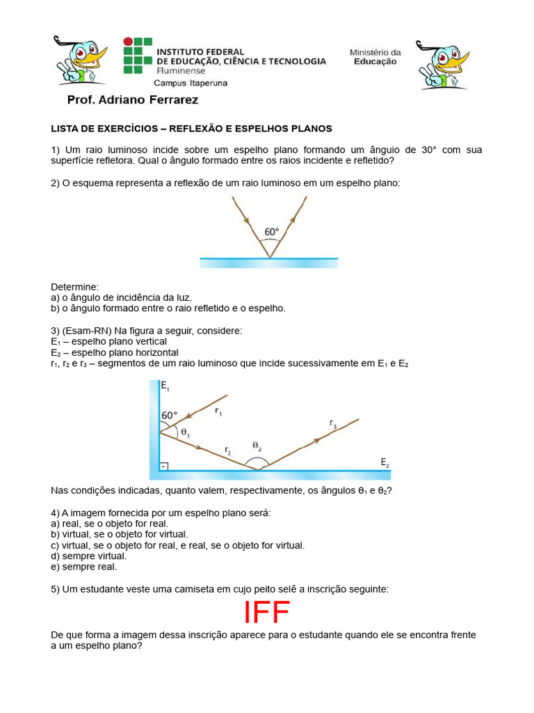Exercícios sobre Espelhos Planos | PDF | Métodos e Materiais de Ensino ...