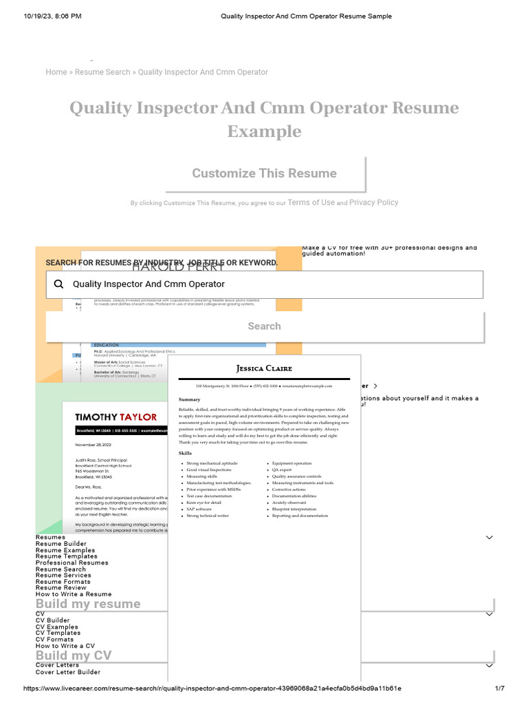 Quality Inspector And Cmm Operator Resume Sample PDF Résumé
