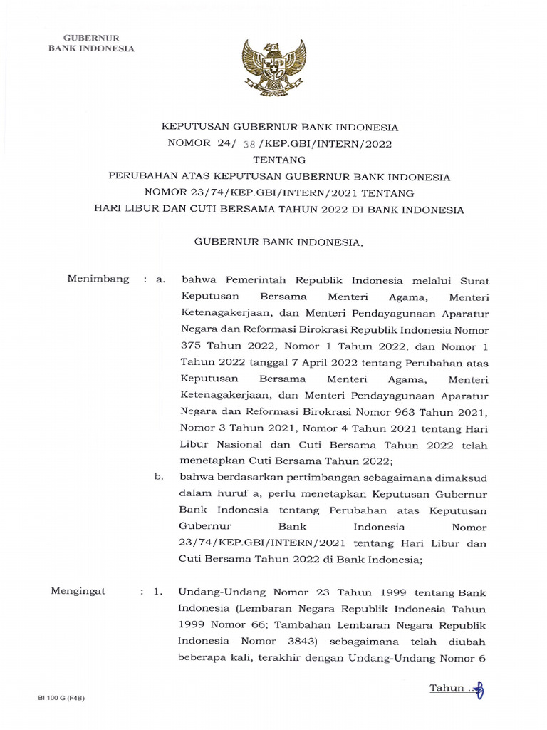 Perubahan Cuti Bersama Bank Indonesia 2022 | PDF