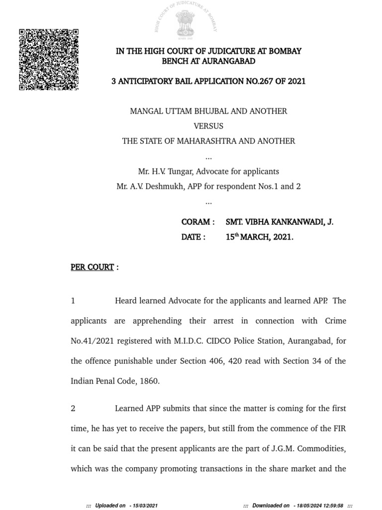 Bail Application for Bhujbals in Aurangabad | PDF | Misconduct | Law ...
