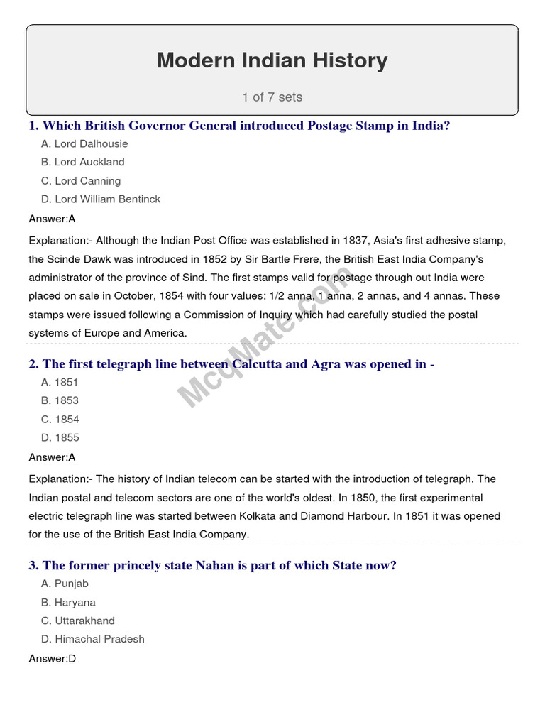 Modern Indian History MCQs and Insights | PDF | British Raj | Mahatma ...