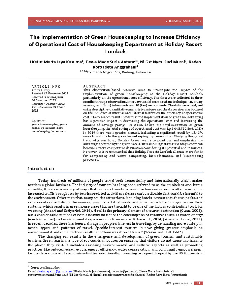 The Implementation of Green Housekeeping To Increase Efficiency of ...