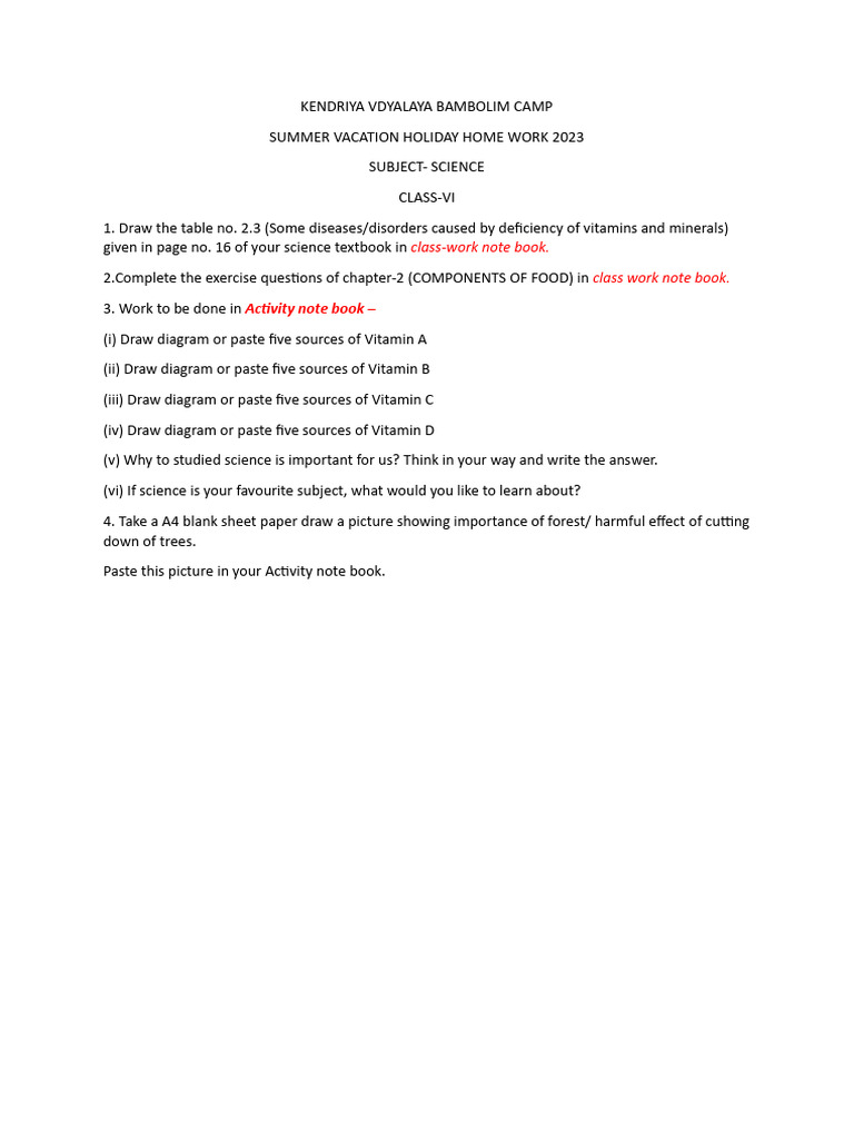 Class VI Science Holiday Homework 2023 | PDF