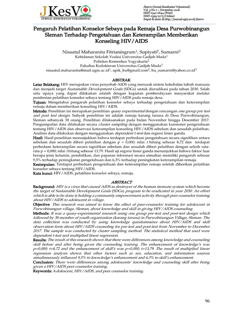 Pengaruh Pelatihan Konselor Sebaya Pada Remaja Desa Purwobinangun ...