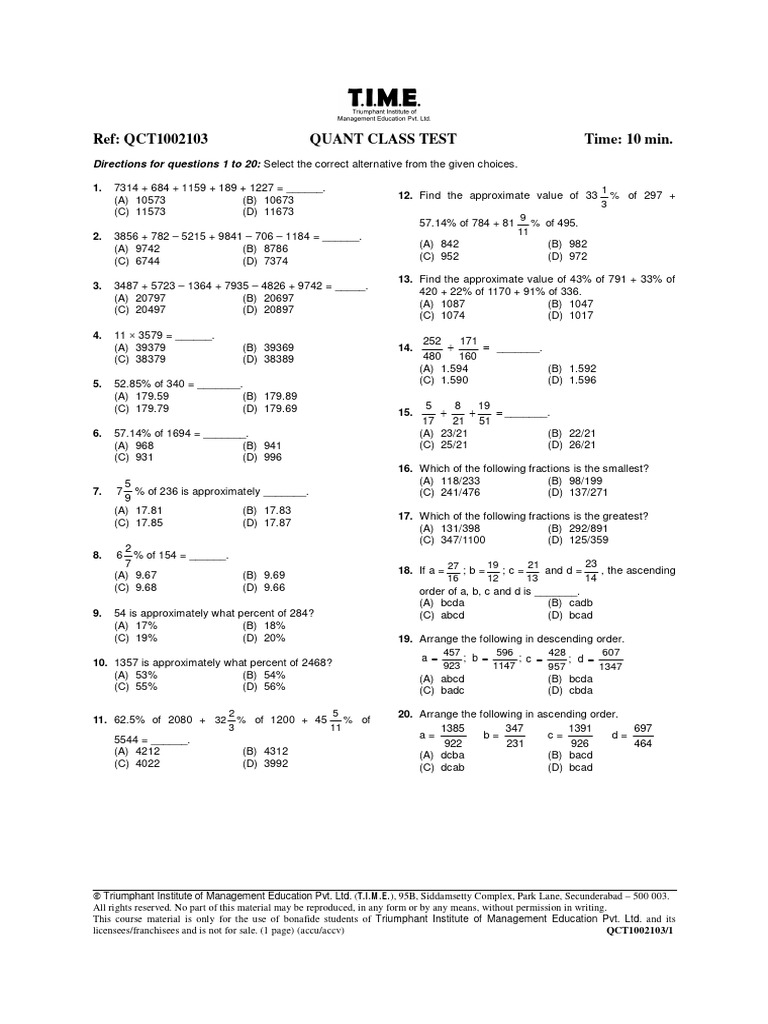 QUANT CLASS TEST PART 3 | PDF