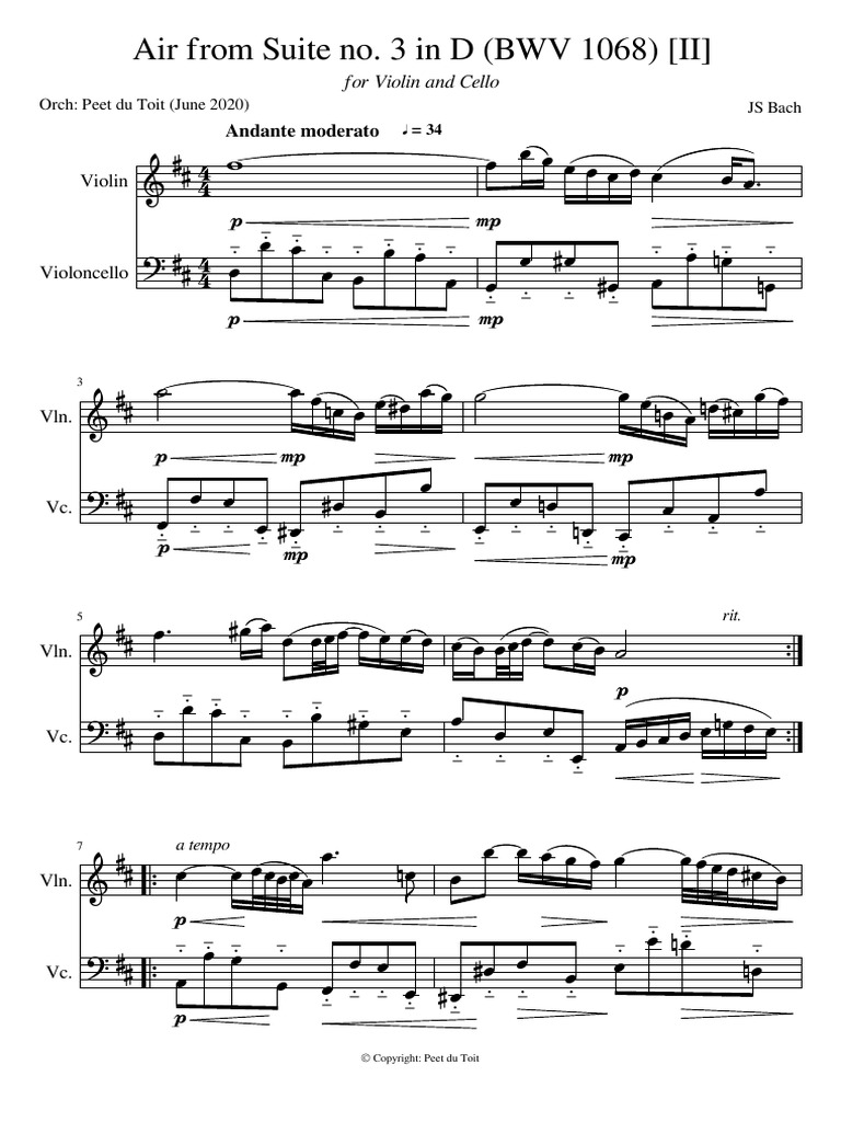 Air from suite no 3 in d bwv 1068 andante moderato ii js bach violin