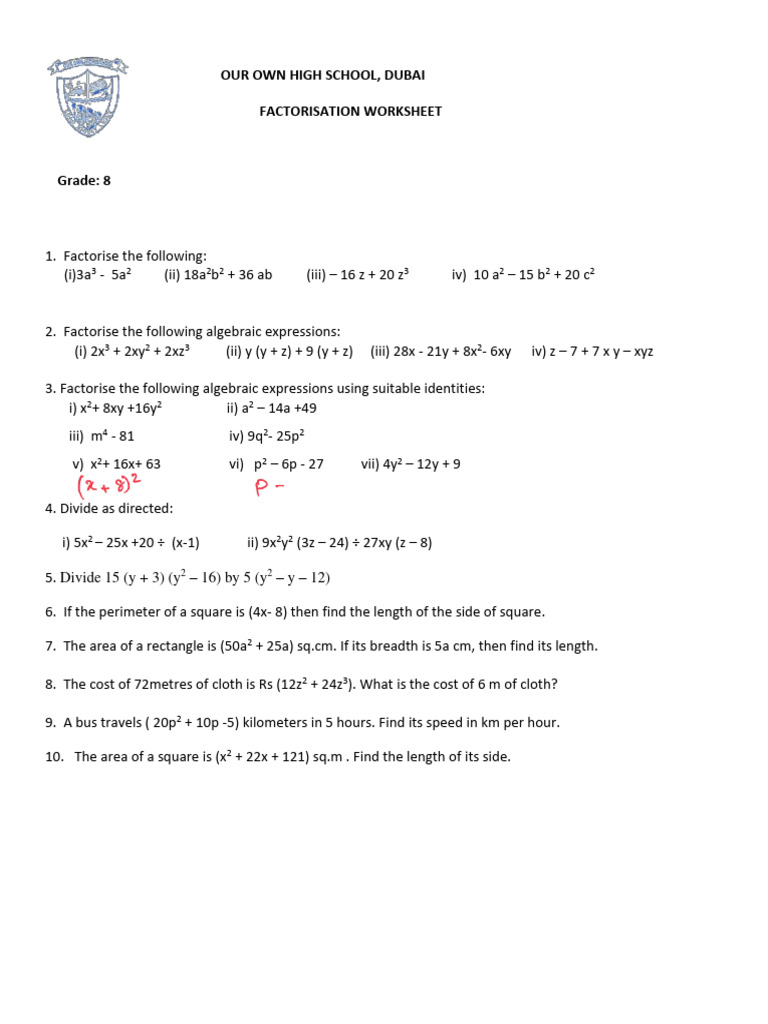 Factorisation Worksheet for Grade 8 | PDF